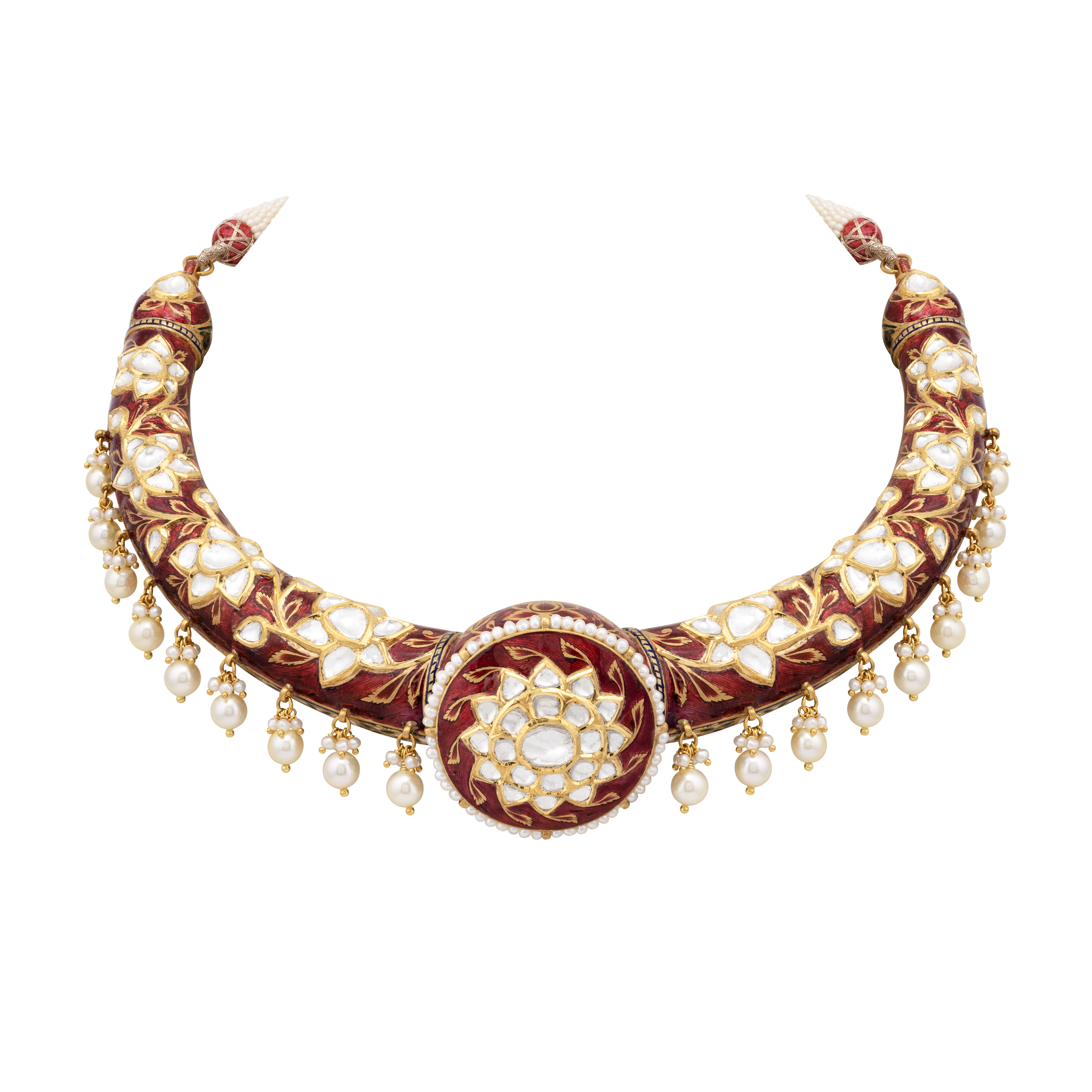 Floral Polki Hasli in Red Enamel with Pearl Drops